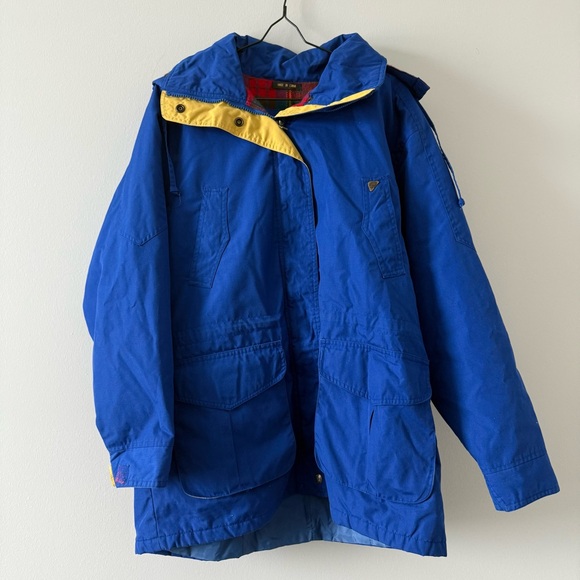 Blue and yellow vintage 90s raincoat with multiple pockets jacket #raincoat - Picture 1 of 5